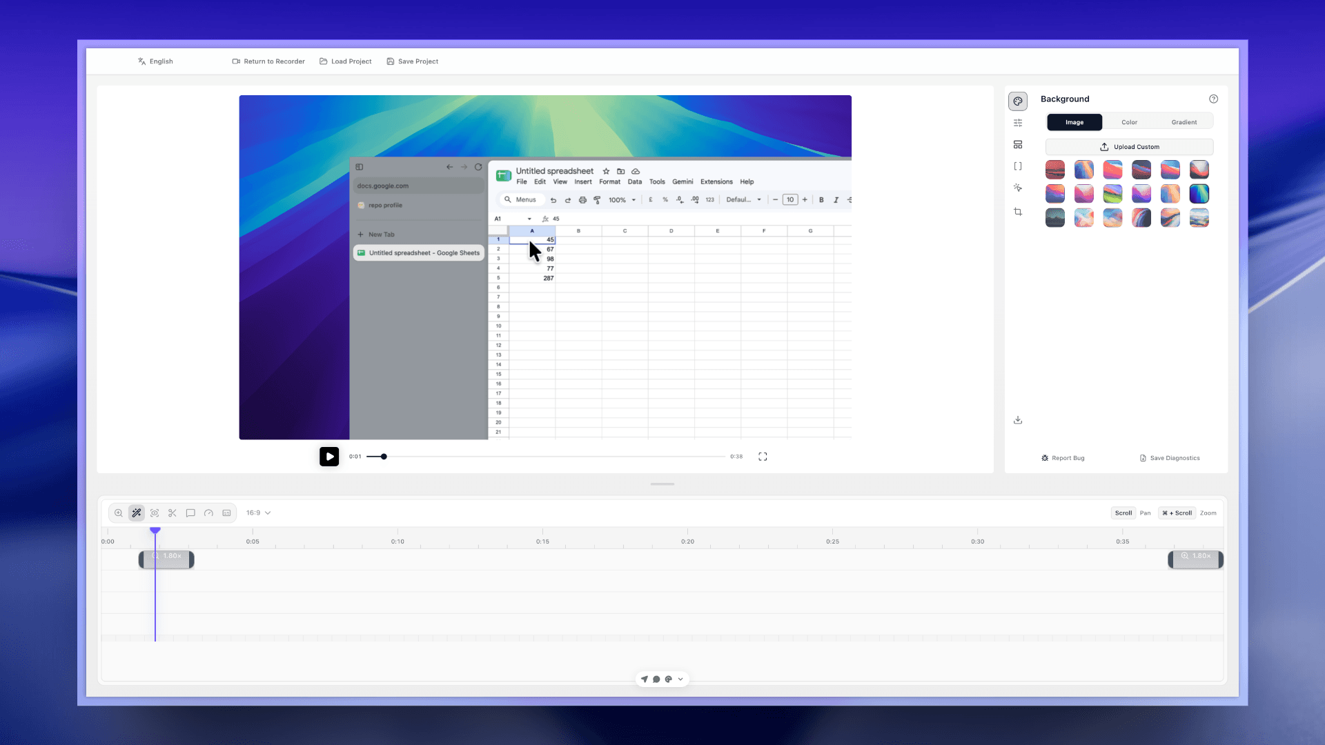 forkreach editor with a screen recording, background presets, and timeline